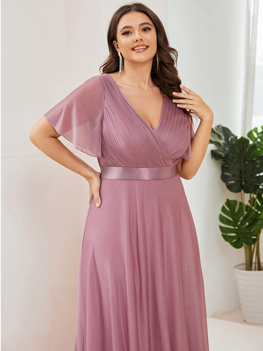 Plus Size V-Neck Satin Ribbon Waist Glitter Maxi Dress #color_Purple Orchid