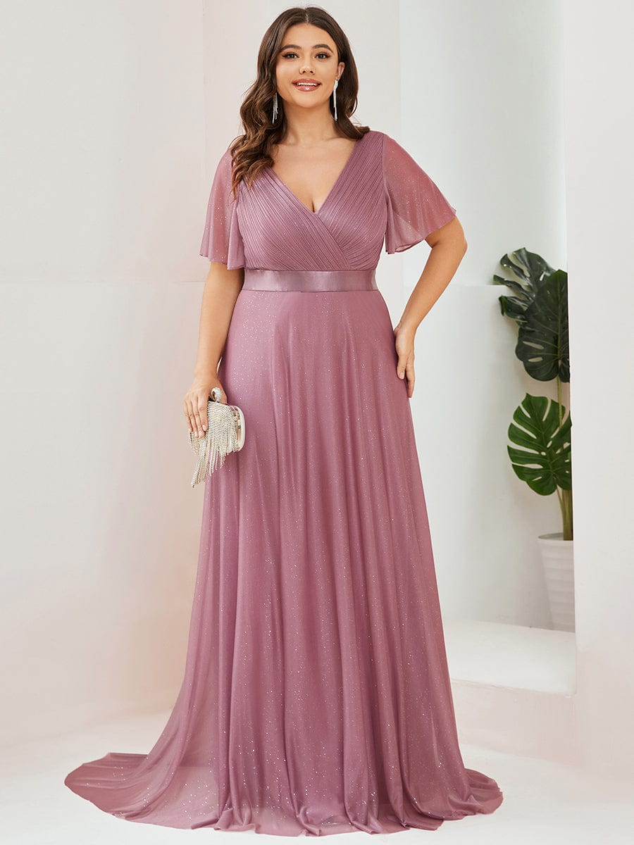 Plus Size V-Neck Satin Ribbon Waist Glitter Maxi Dress #color_Purple Orchid