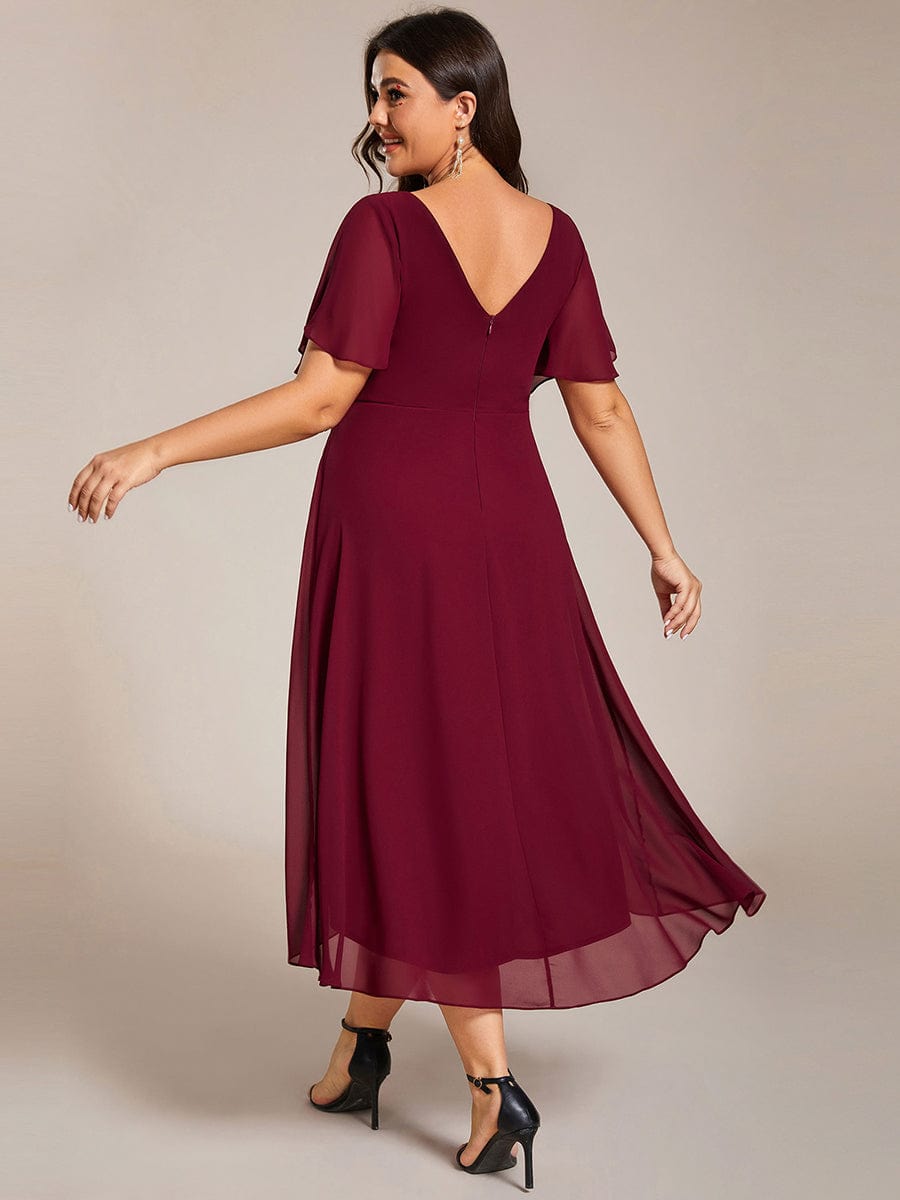 Plus Size Pleated V-Neck Chiffon Midi Dress with Ruffle Sleeves #color_Burgundy