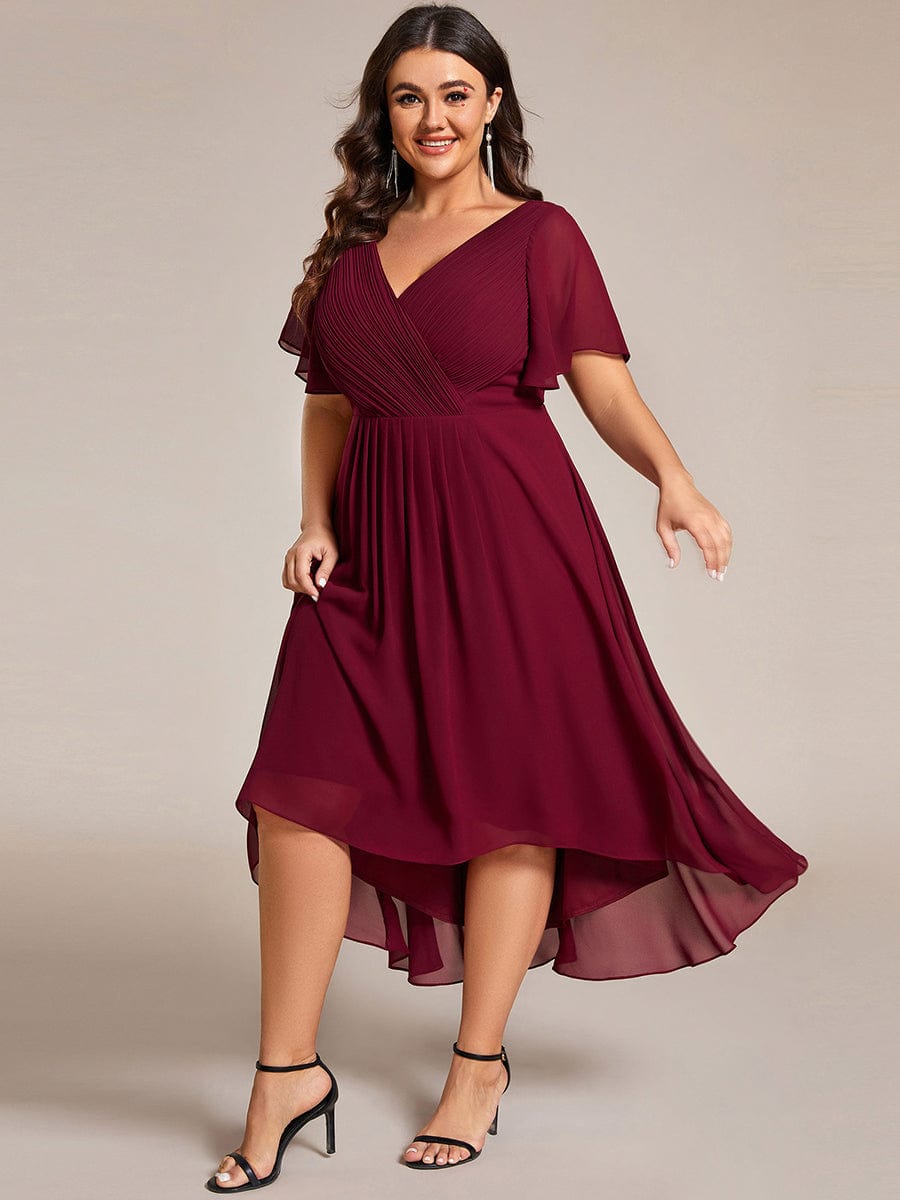 Plus Size Pleated V-Neck Chiffon Midi Dress with Ruffle Sleeves #color_Burgundy