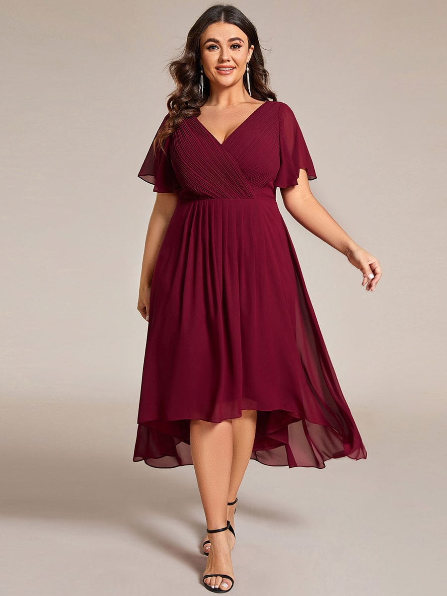 Plus Size Pleated V-Neck Chiffon Midi Dress with Ruffle Sleeves #color_Burgundy