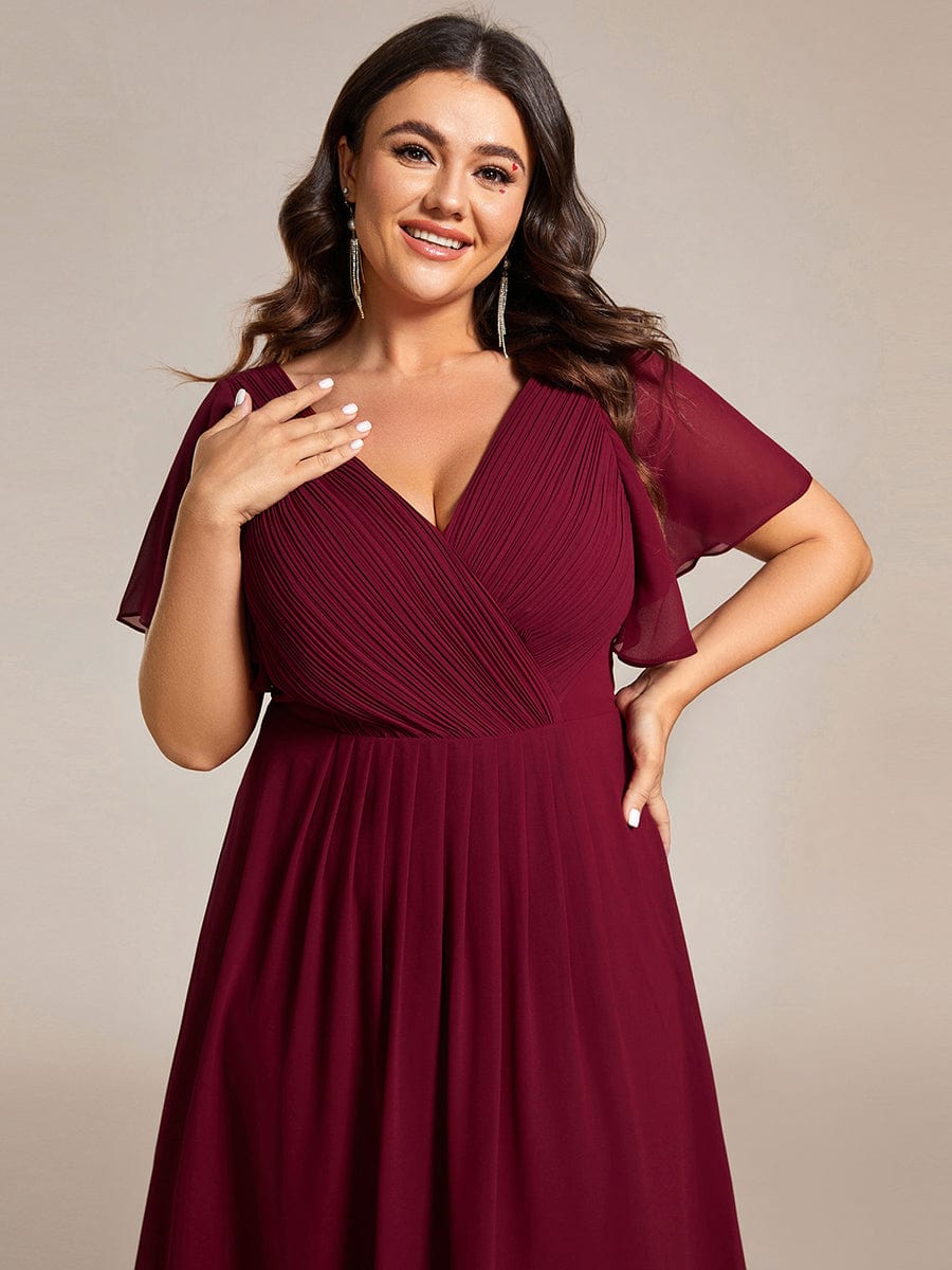 Plus Size Pleated V-Neck Chiffon Midi Dress with Ruffle Sleeves #color_Burgundy