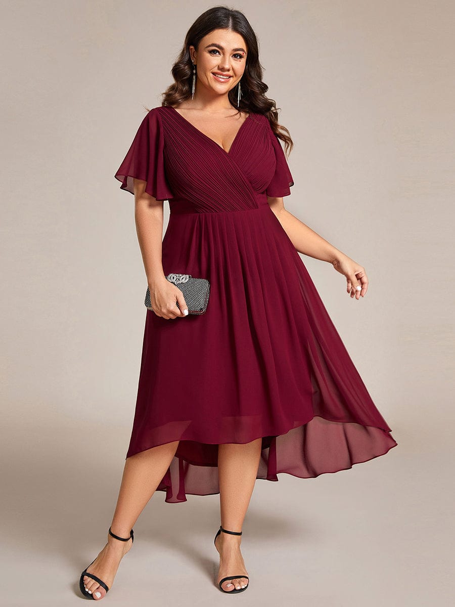 Plus Size Pleated V-Neck Chiffon Midi Dress with Ruffle Sleeves #color_Burgundy