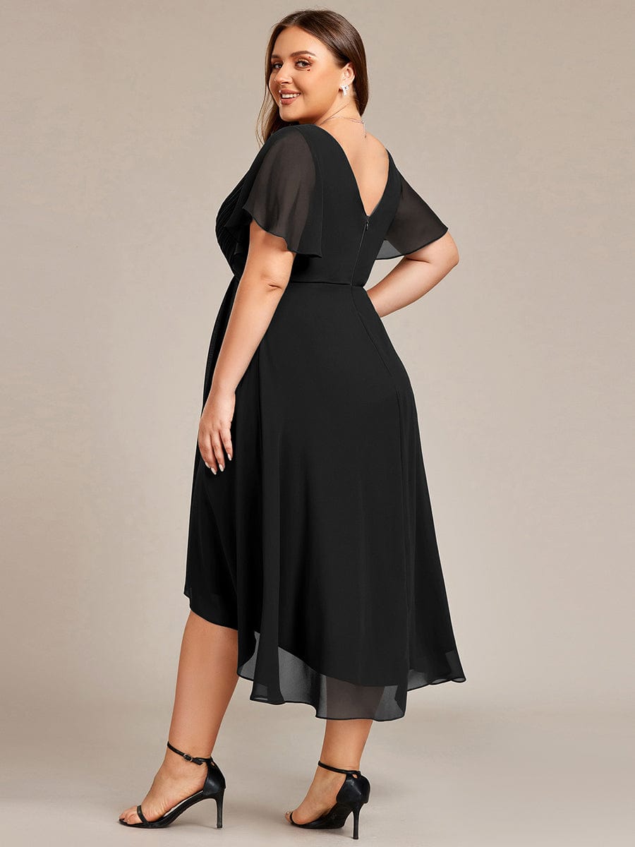 Plus Size Pleated V-Neck Chiffon Midi Dress with Ruffle Sleeves #color_Black