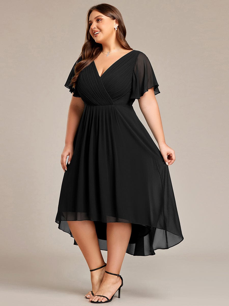 Plus Size Pleated V-Neck Chiffon Midi Dress with Ruffle Sleeves #color_Black