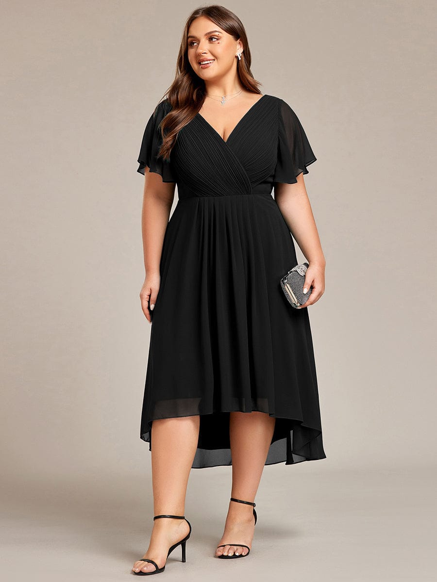 Plus Size Pleated V-Neck Chiffon Midi Dress with Ruffle Sleeves #color_Black