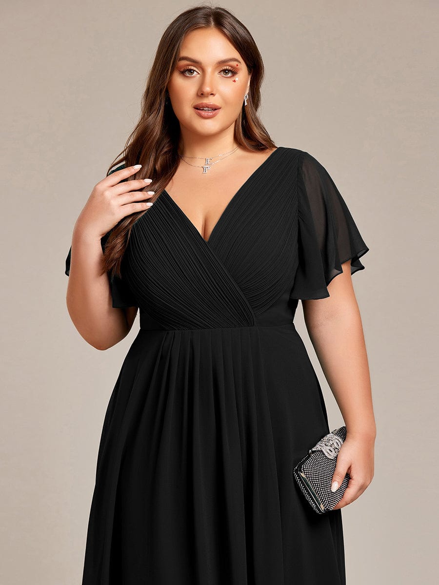 Plus Size Pleated V-Neck Chiffon Midi Dress with Ruffle Sleeves #color_Black