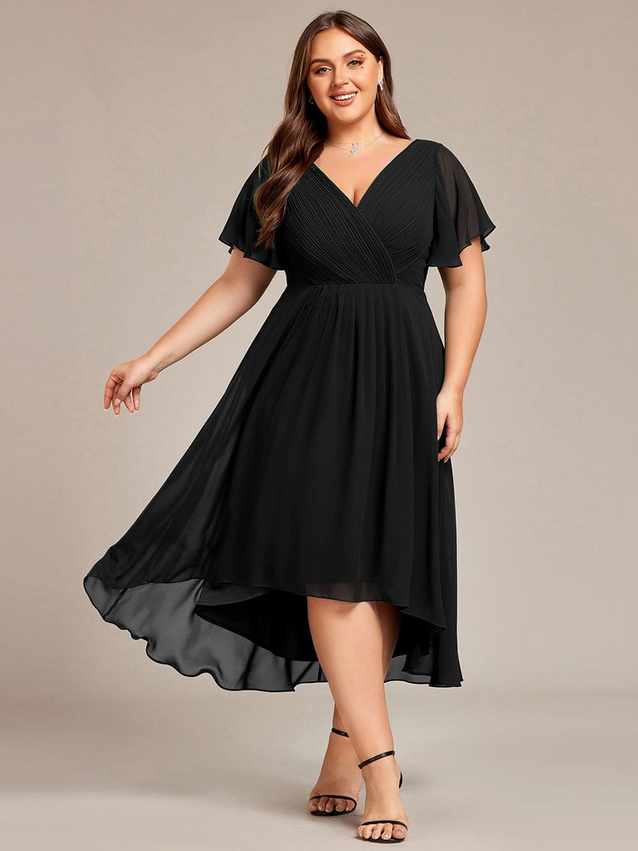 Plus Size Pleated V-Neck Chiffon Midi Dress with Ruffle Sleeves #color_Black