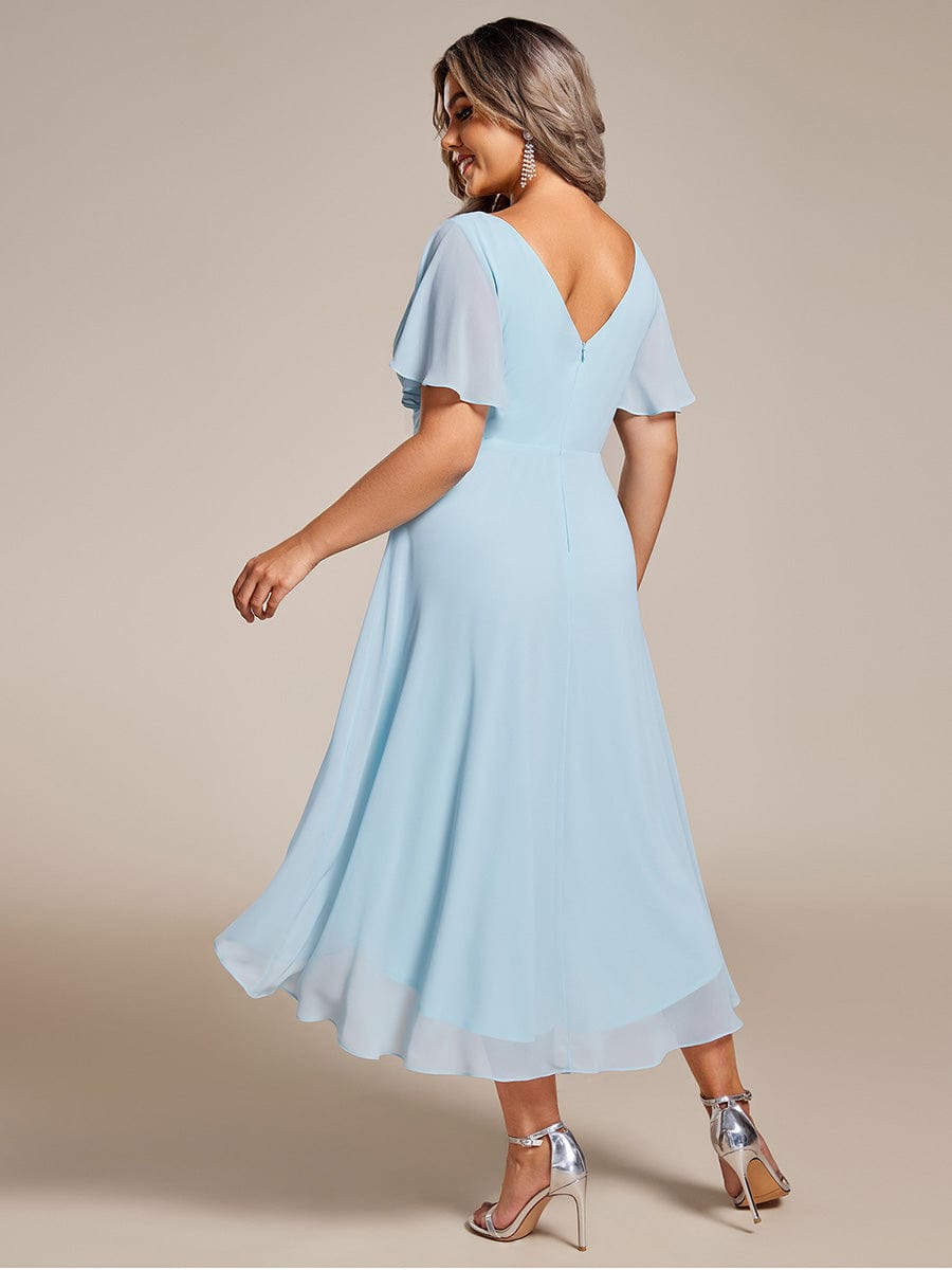 Plus Size Pleated V-Neck Chiffon Midi Dress with Ruffle Sleeves #color_Sky Blue