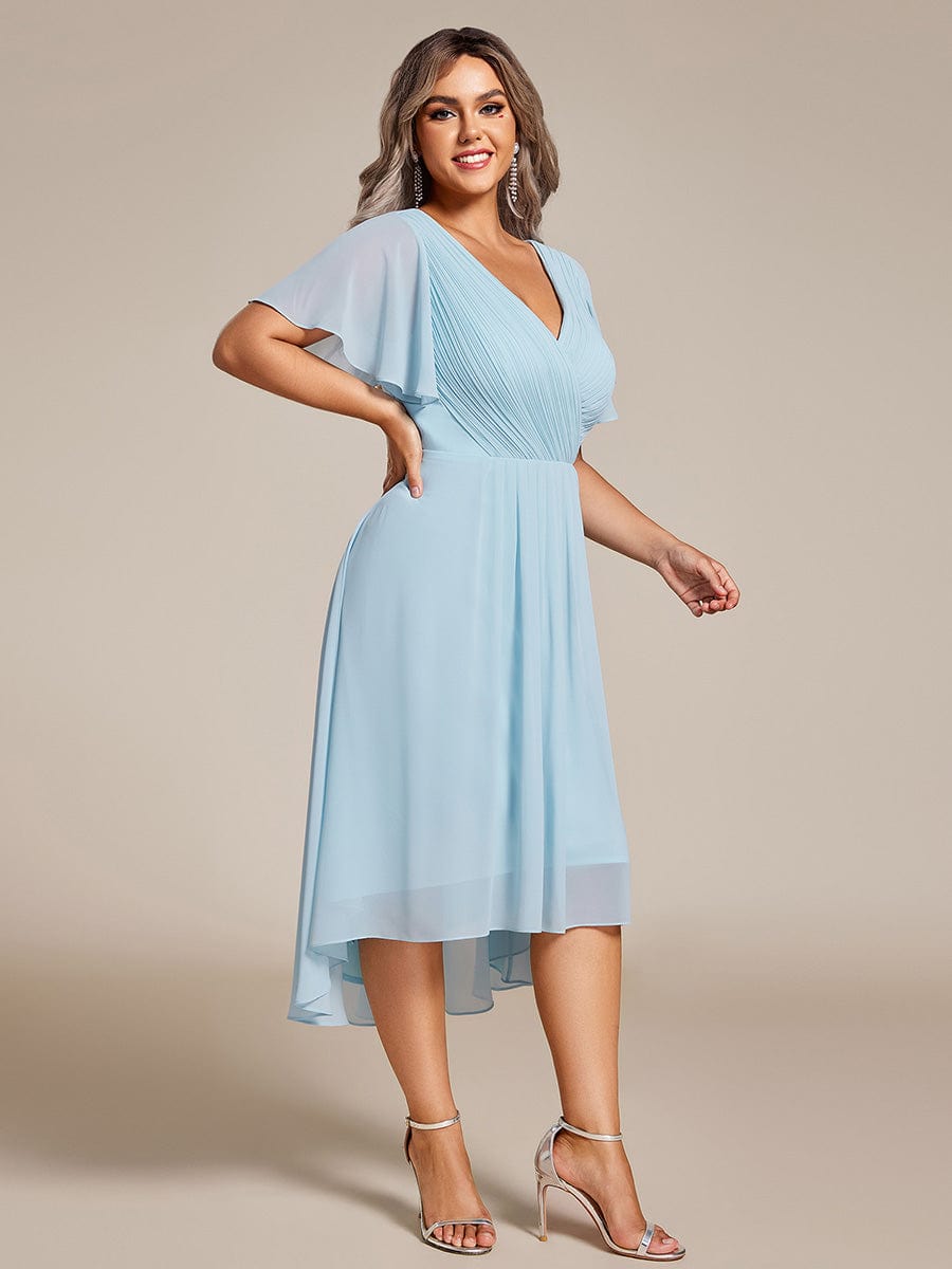 Plus Size Pleated V-Neck Chiffon Midi Dress with Ruffle Sleeves #color_Sky Blue