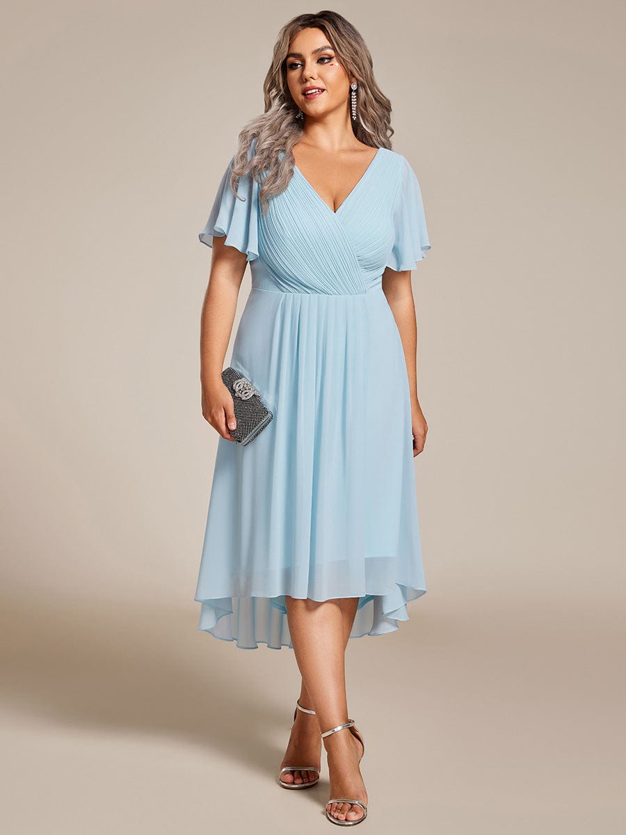 Plus Size Pleated V-Neck Chiffon Midi Dress with Ruffle Sleeves #color_Sky Blue