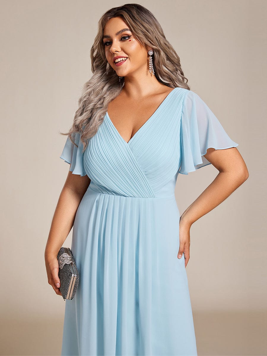 Plus Size Pleated V-Neck Chiffon Midi Dress with Ruffle Sleeves #color_Sky Blue