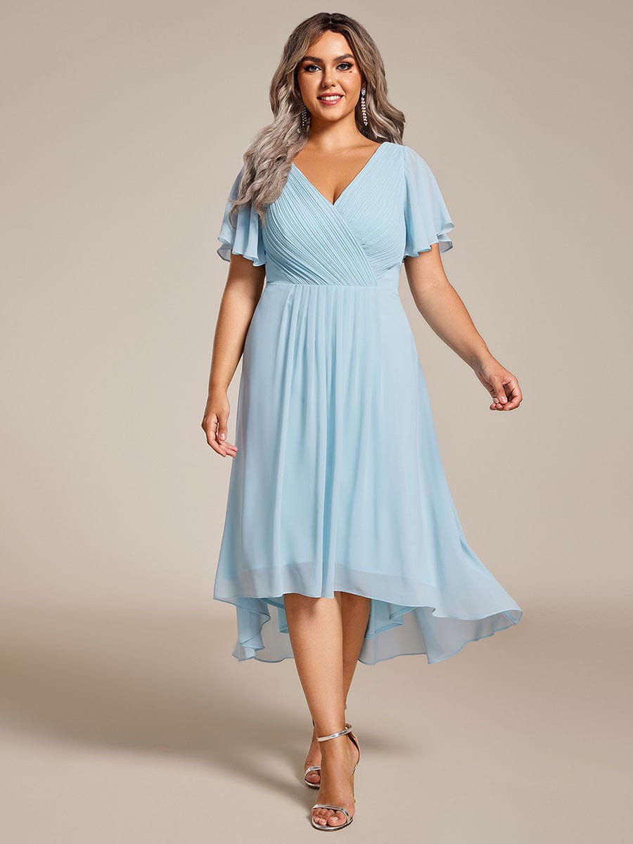 Plus Size Pleated V-Neck Chiffon Midi Dress with Ruffle Sleeves #color_Sky Blue