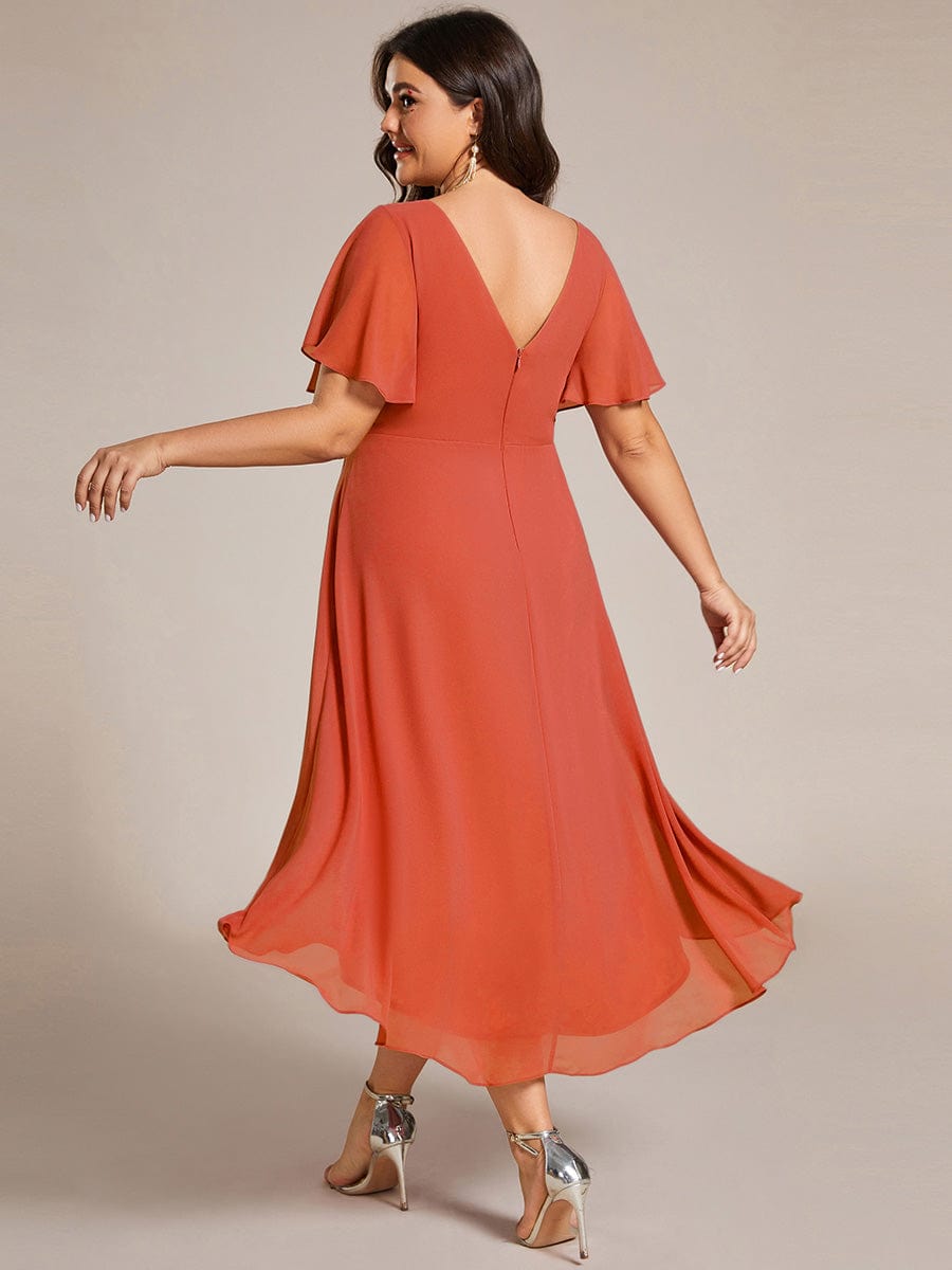 Plus Size Pleated V-Neck Chiffon Midi Dress with Ruffle Sleeves #color_Burnt Orange