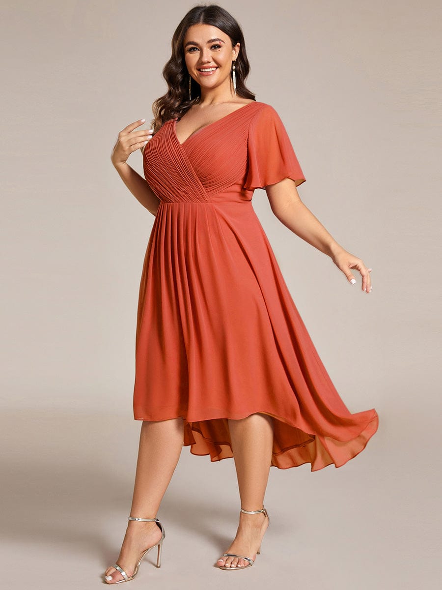 Plus Size Pleated V-Neck Chiffon Midi Dress with Ruffle Sleeves #color_Burnt Orange