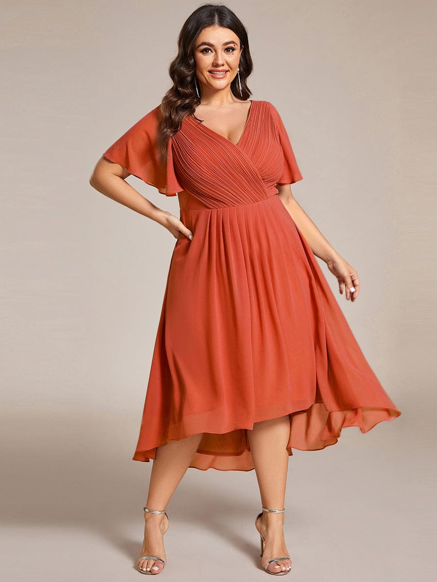 Plus Size Pleated V-Neck Chiffon Midi Dress with Ruffle Sleeves #color_Burnt Orange