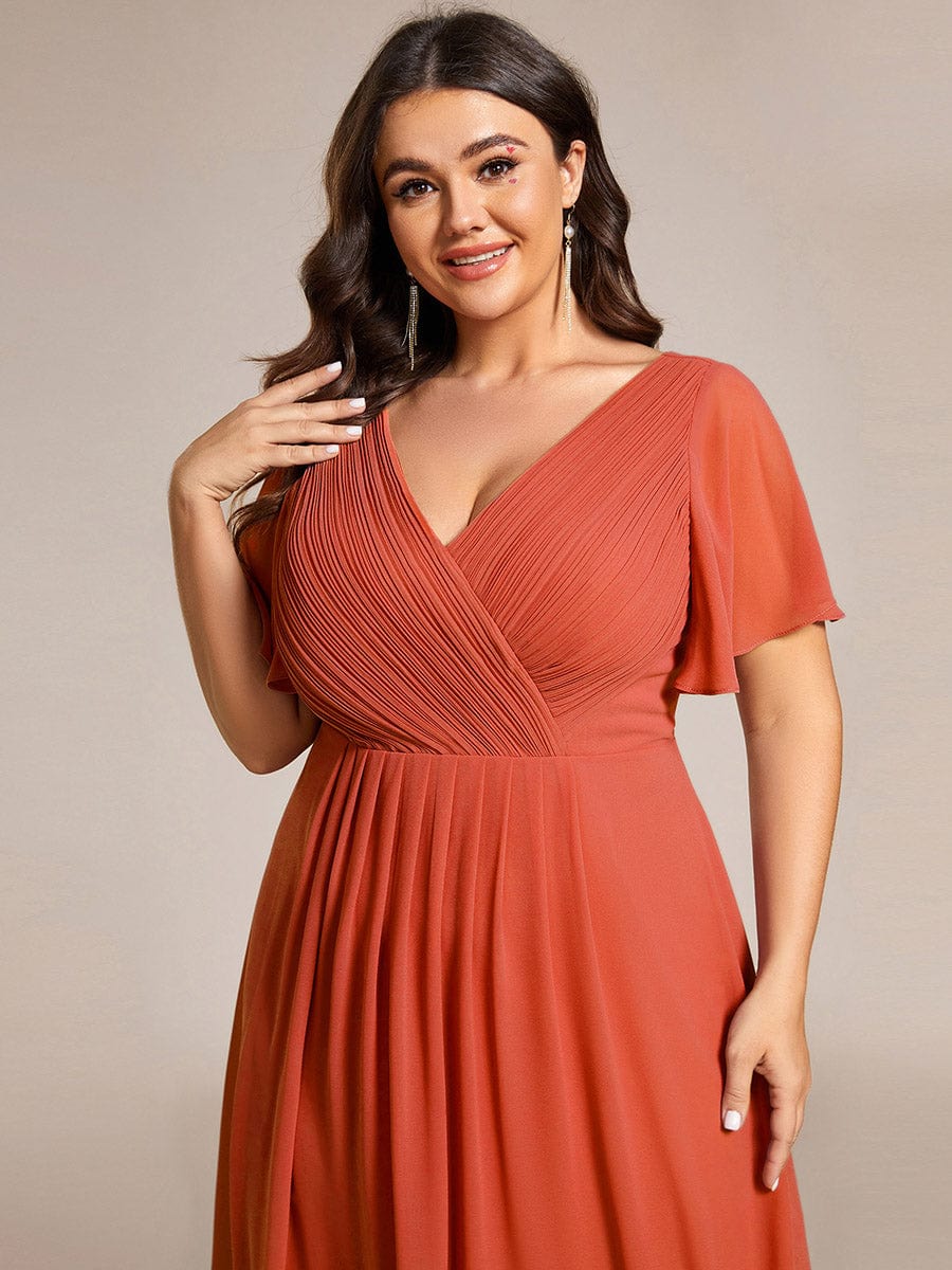 Plus Size Pleated V-Neck Chiffon Midi Dress with Ruffle Sleeves #color_Burnt Orange