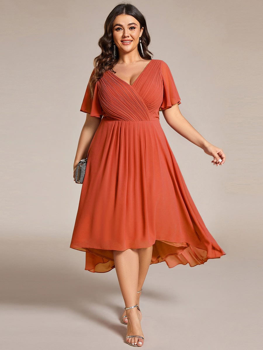 Plus Size Pleated V-Neck Chiffon Midi Dress with Ruffle Sleeves #color_Burnt Orange