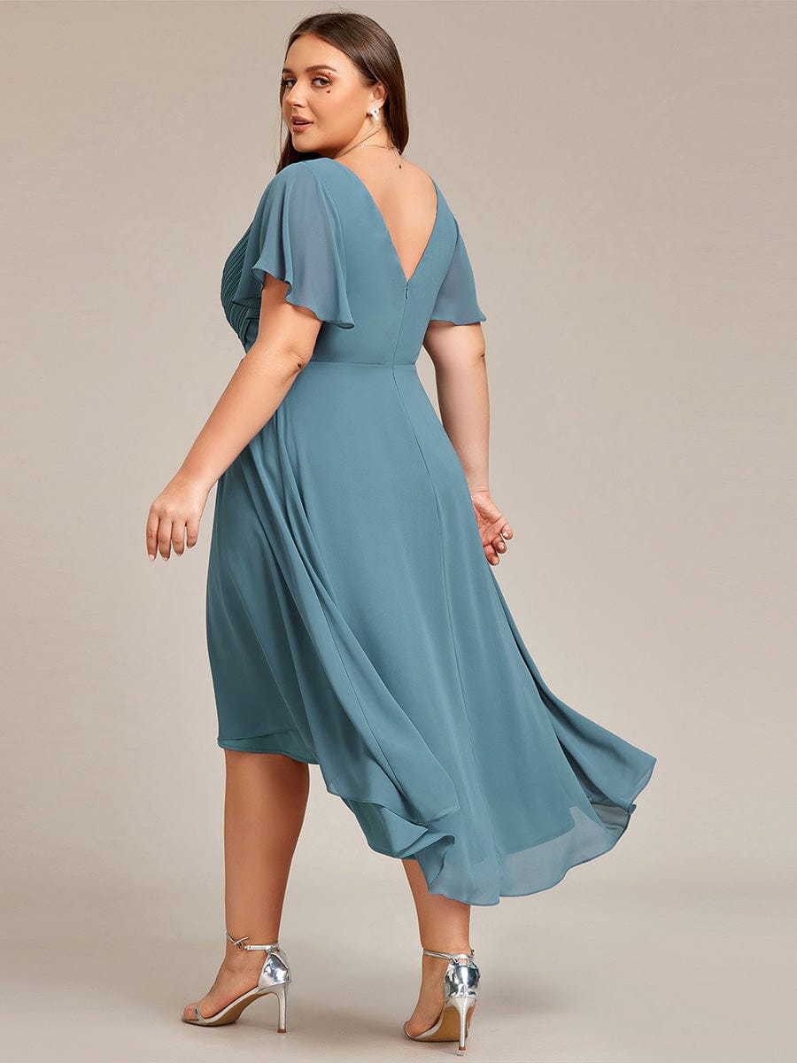 Plus Size Pleated V-Neck Chiffon Midi Dress with Ruffle Sleeves #color_Light Teal