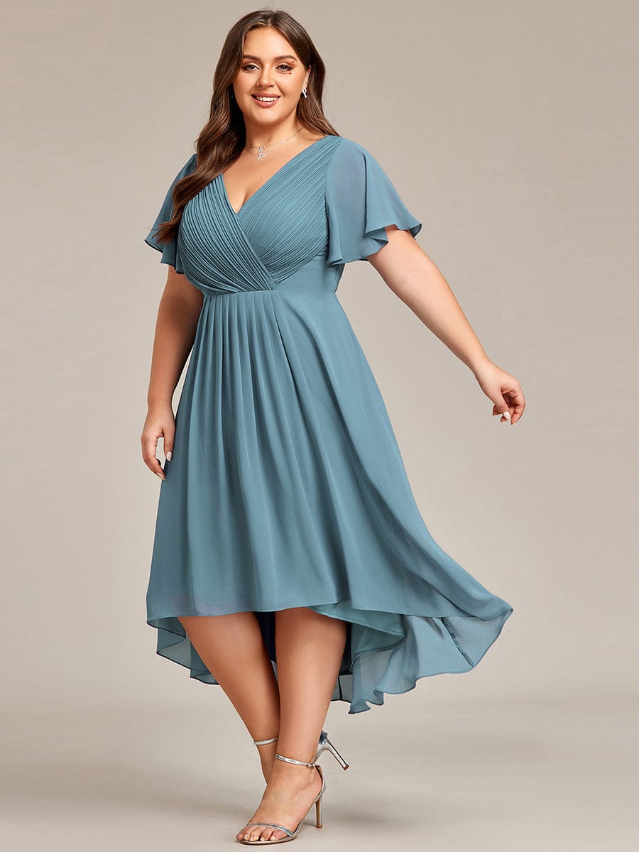 Plus Size Pleated V-Neck Chiffon Midi Dress with Ruffle Sleeves #color_Light Teal