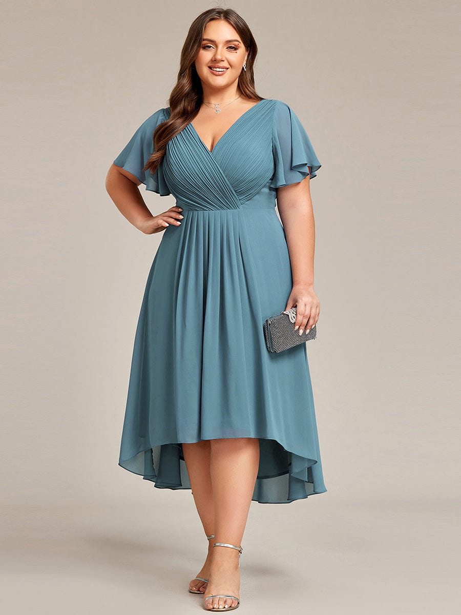 Plus Size Pleated V-Neck Chiffon Midi Dress with Ruffle Sleeves #color_Light Teal