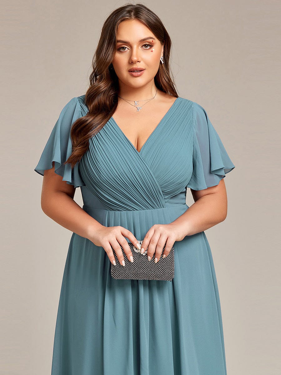 Plus Size Pleated V-Neck Chiffon Midi Dress with Ruffle Sleeves #color_Light Teal