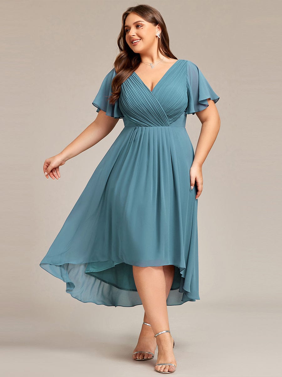 Plus Size Pleated V-Neck Chiffon Midi Dress with Ruffle Sleeves #color_Light Teal