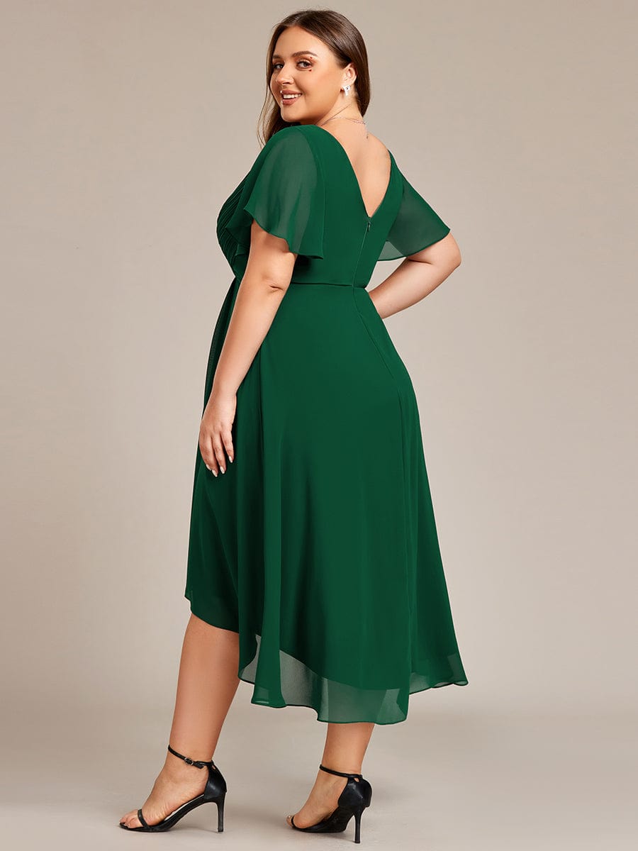 Plus Size Pleated V-Neck Chiffon Midi Dress with Ruffle Sleeves #color_Dark Green