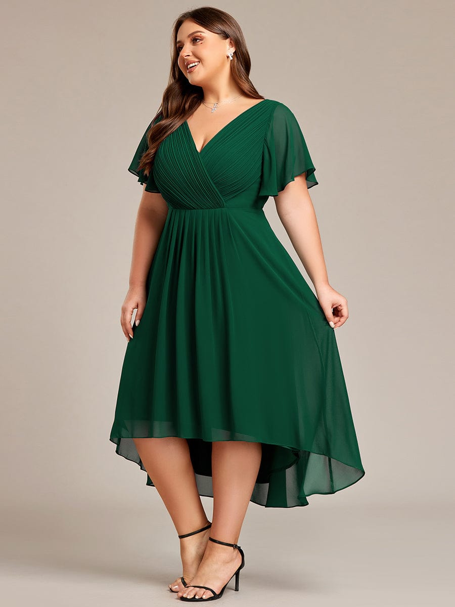 Plus Size Pleated V-Neck Chiffon Midi Dress with Ruffle Sleeves #color_Dark Green