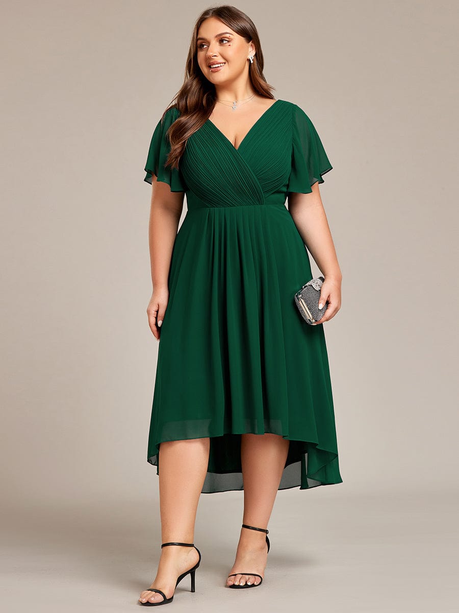 Plus Size Pleated V-Neck Chiffon Midi Dress with Ruffle Sleeves #color_Dark Green