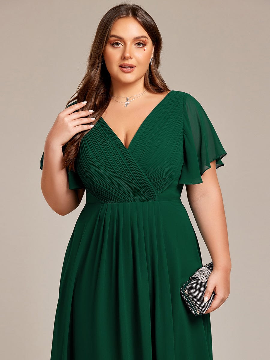 Plus Size Pleated V-Neck Chiffon Midi Dress with Ruffle Sleeves #color_Dark Green