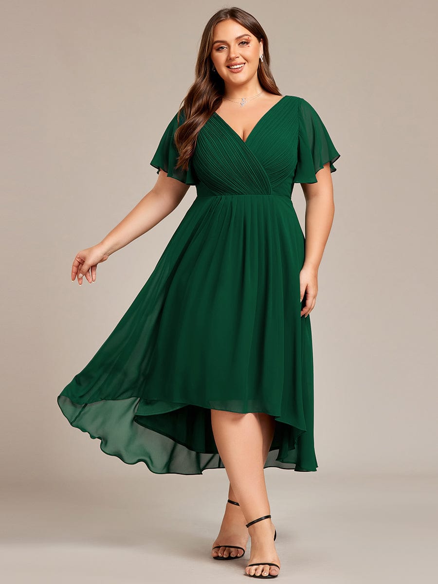 Plus Size Pleated V-Neck Chiffon Midi Dress with Ruffle Sleeves #color_Dark Green