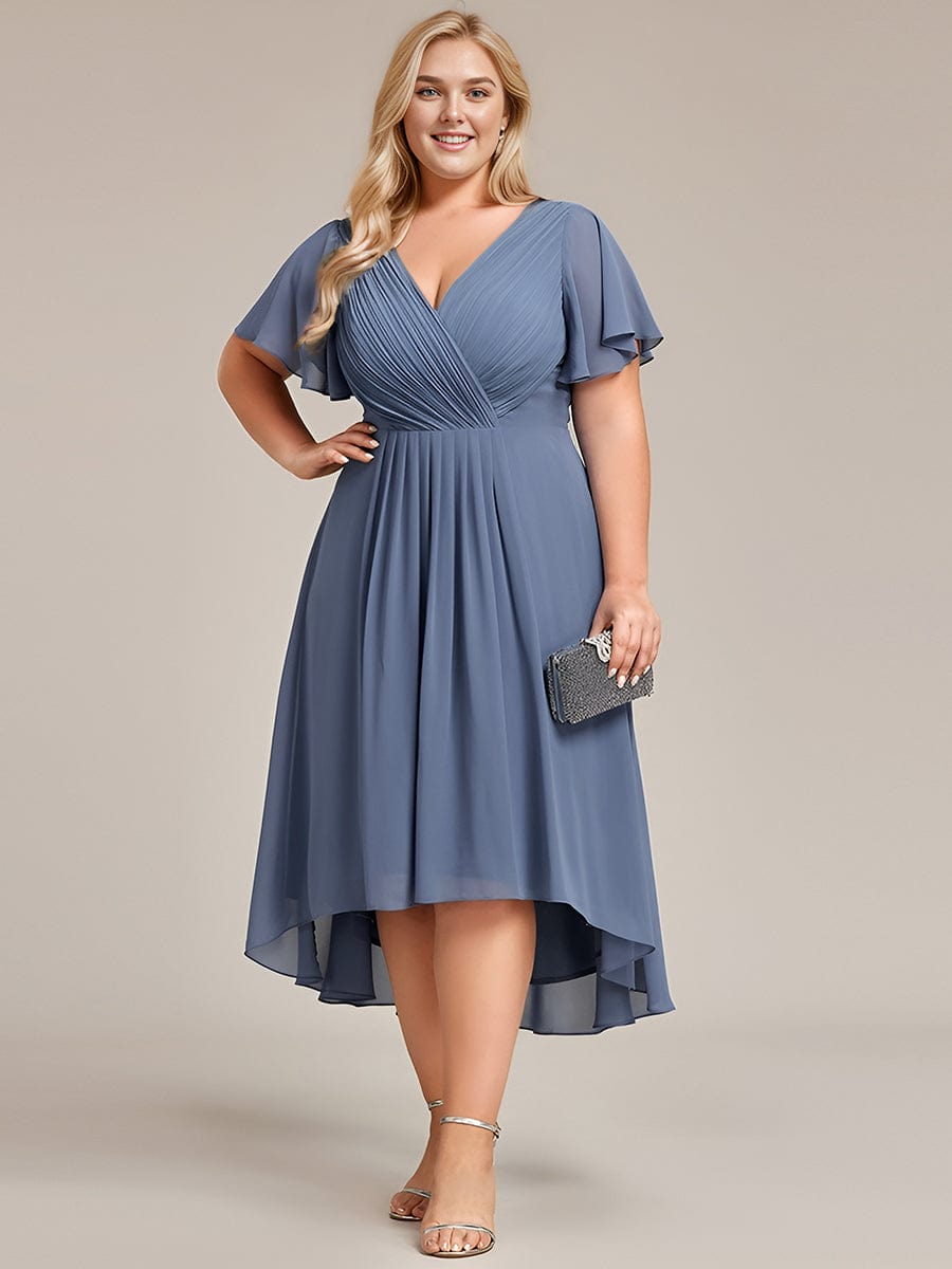 Plus Size Pleated V-Neck Chiffon Midi Dress with Ruffle Sleeves #color_Dusty Blue