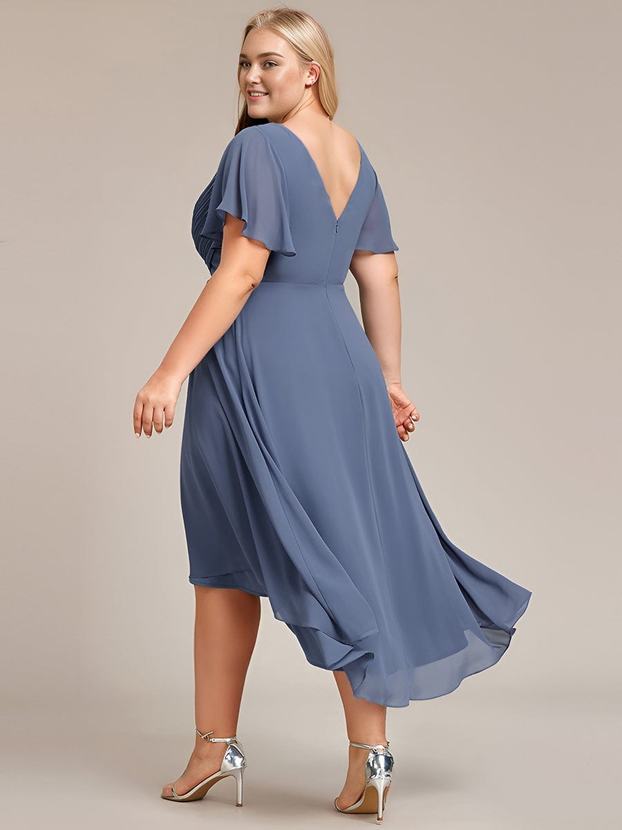 Plus Size Pleated V-Neck Chiffon Midi Dress with Ruffle Sleeves #color_Dusty Blue