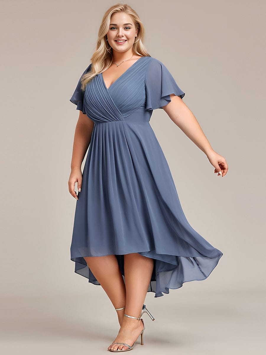 Plus Size Pleated V-Neck Chiffon Midi Dress with Ruffle Sleeves #color_Dusty Blue