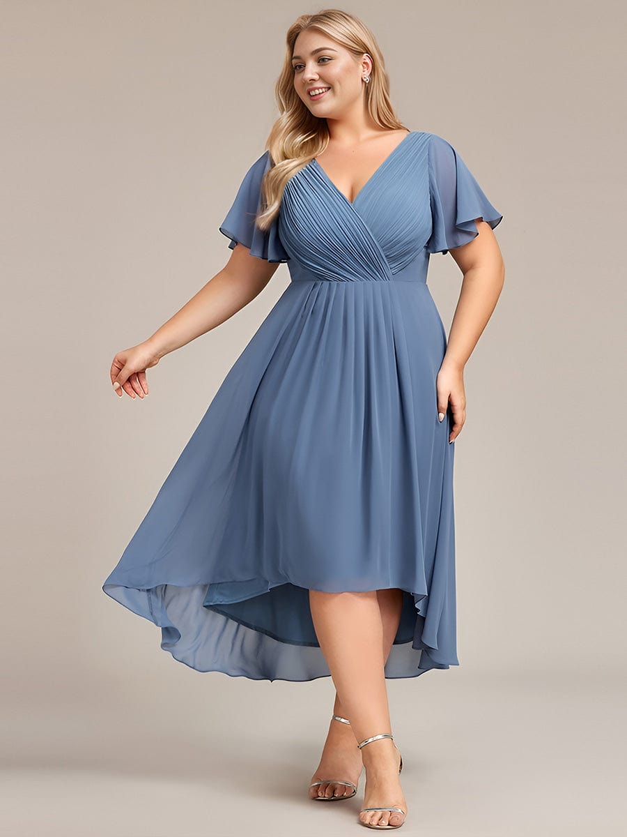 Plus Size Pleated V-Neck Chiffon Midi Dress with Ruffle Sleeves #color_Dusty Blue