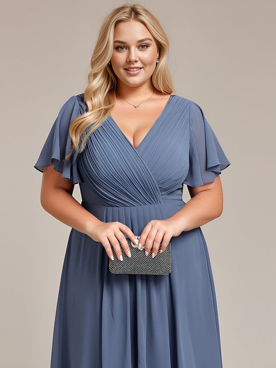 Plus Size Pleated V-Neck Chiffon Midi Dress with Ruffle Sleeves #color_Dusty Blue