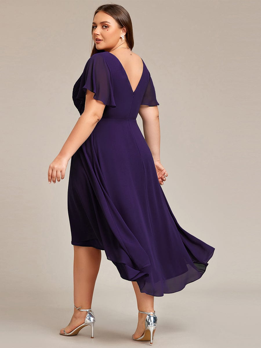 Plus Size Pleated V-Neck Chiffon Midi Dress with Ruffle Sleeves #color_Dark Purple