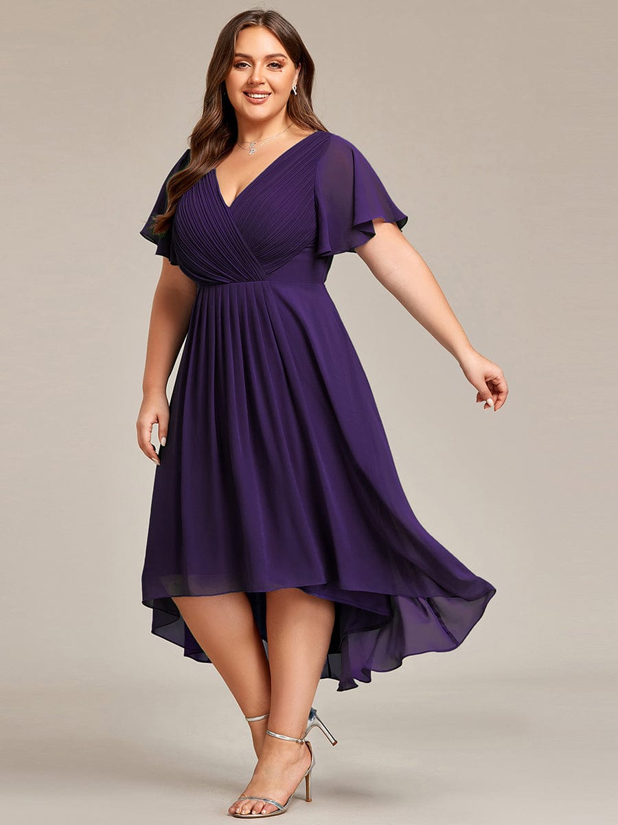 Plus Size Pleated V-Neck Chiffon Midi Dress with Ruffle Sleeves #color_Dark Purple