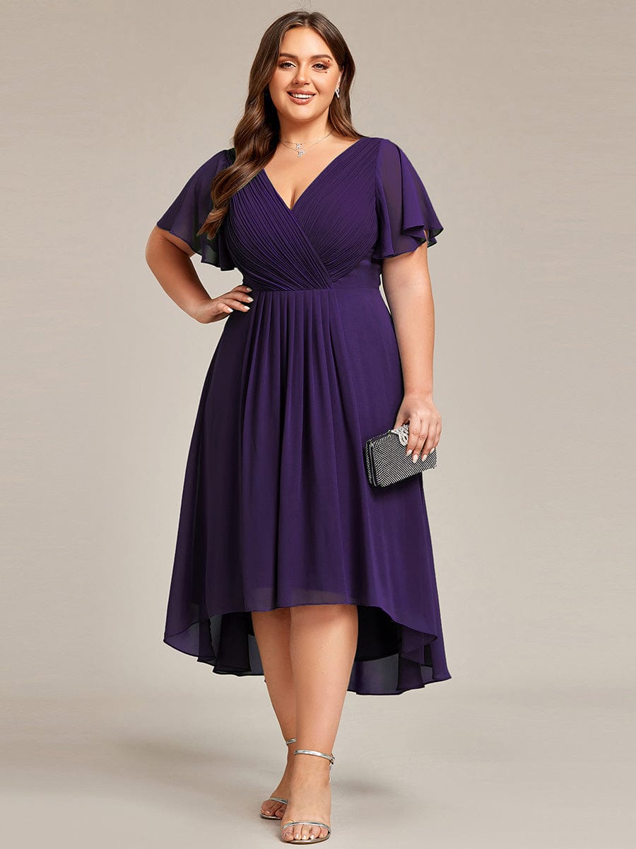 Plus Size Pleated V-Neck Chiffon Midi Dress with Ruffle Sleeves #color_Dark Purple