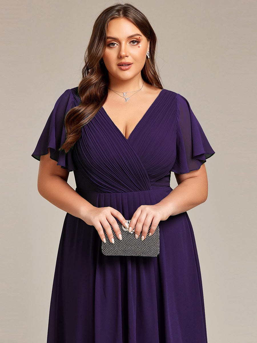 Plus Size Pleated V-Neck Chiffon Midi Dress with Ruffle Sleeves #color_Dark Purple