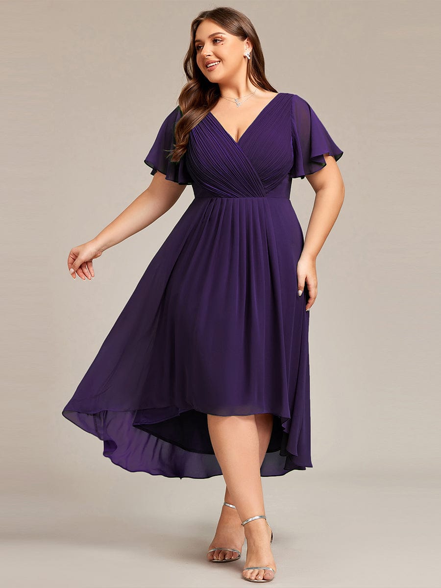 Plus Size Pleated V-Neck Chiffon Midi Dress with Ruffle Sleeves #color_Dark Purple