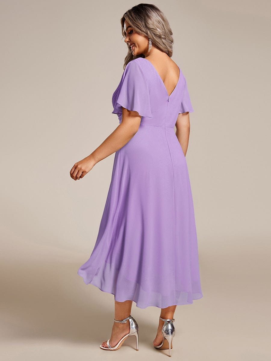 Plus Size Pleated V-Neck Chiffon Midi Dress with Ruffle Sleeves #color_Lavender