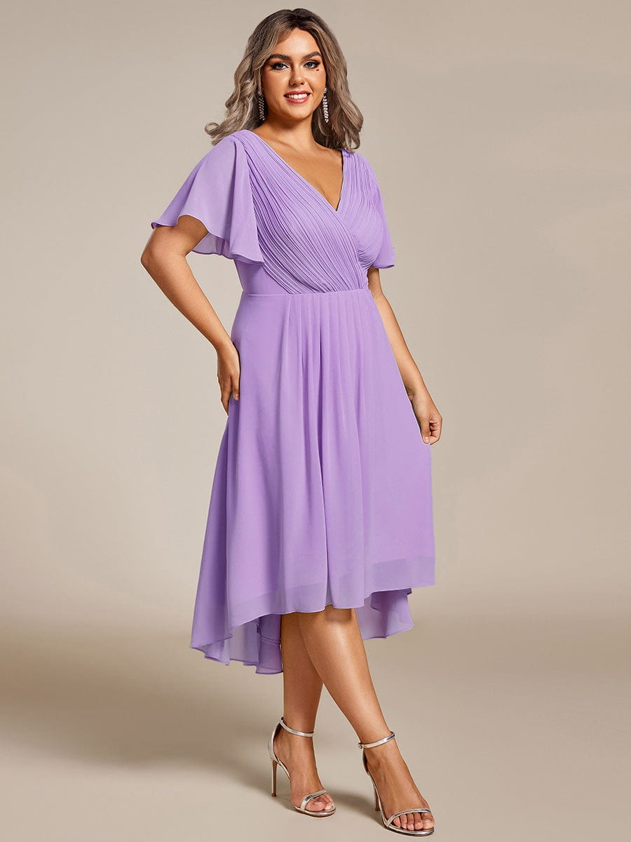 Plus Size Pleated V-Neck Chiffon Midi Dress with Ruffle Sleeves #color_Lavender