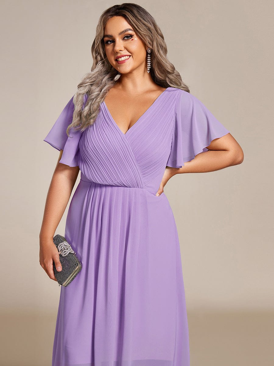 Plus Size Pleated V-Neck Chiffon Midi Dress with Ruffle Sleeves #color_Lavender