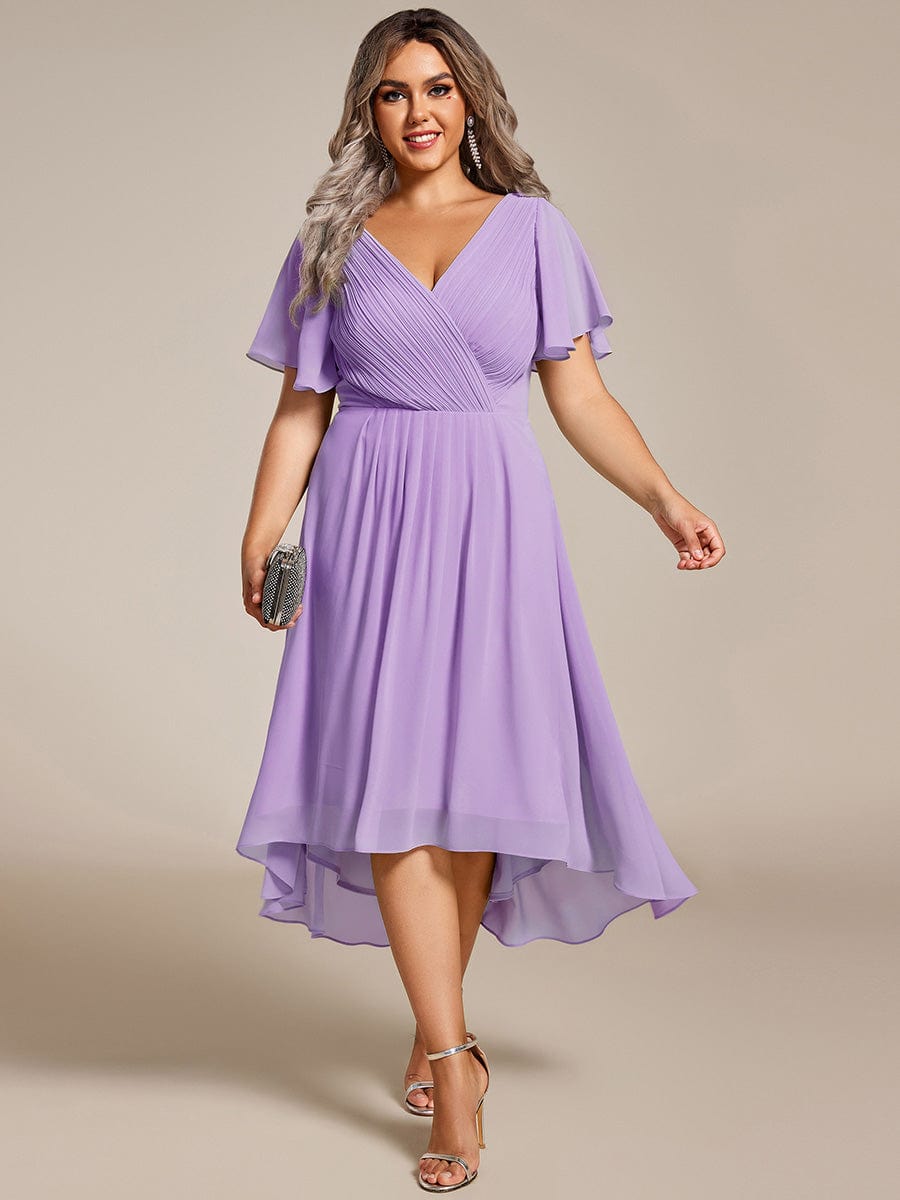 Plus Size Pleated V-Neck Chiffon Midi Dress with Ruffle Sleeves #color_Lavender