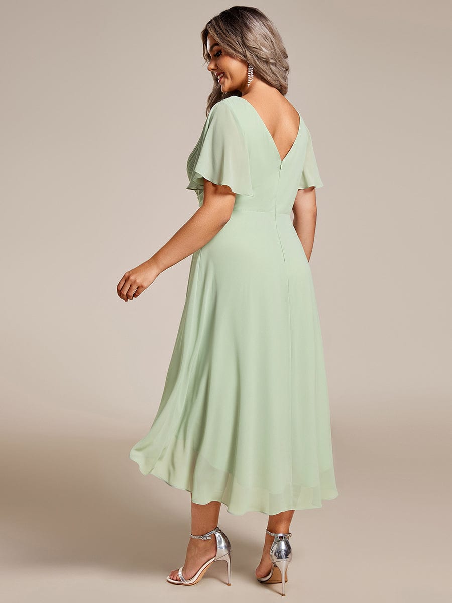 Plus Size Pleated V-Neck Chiffon Midi Dress with Ruffle Sleeves #color_Sage Green