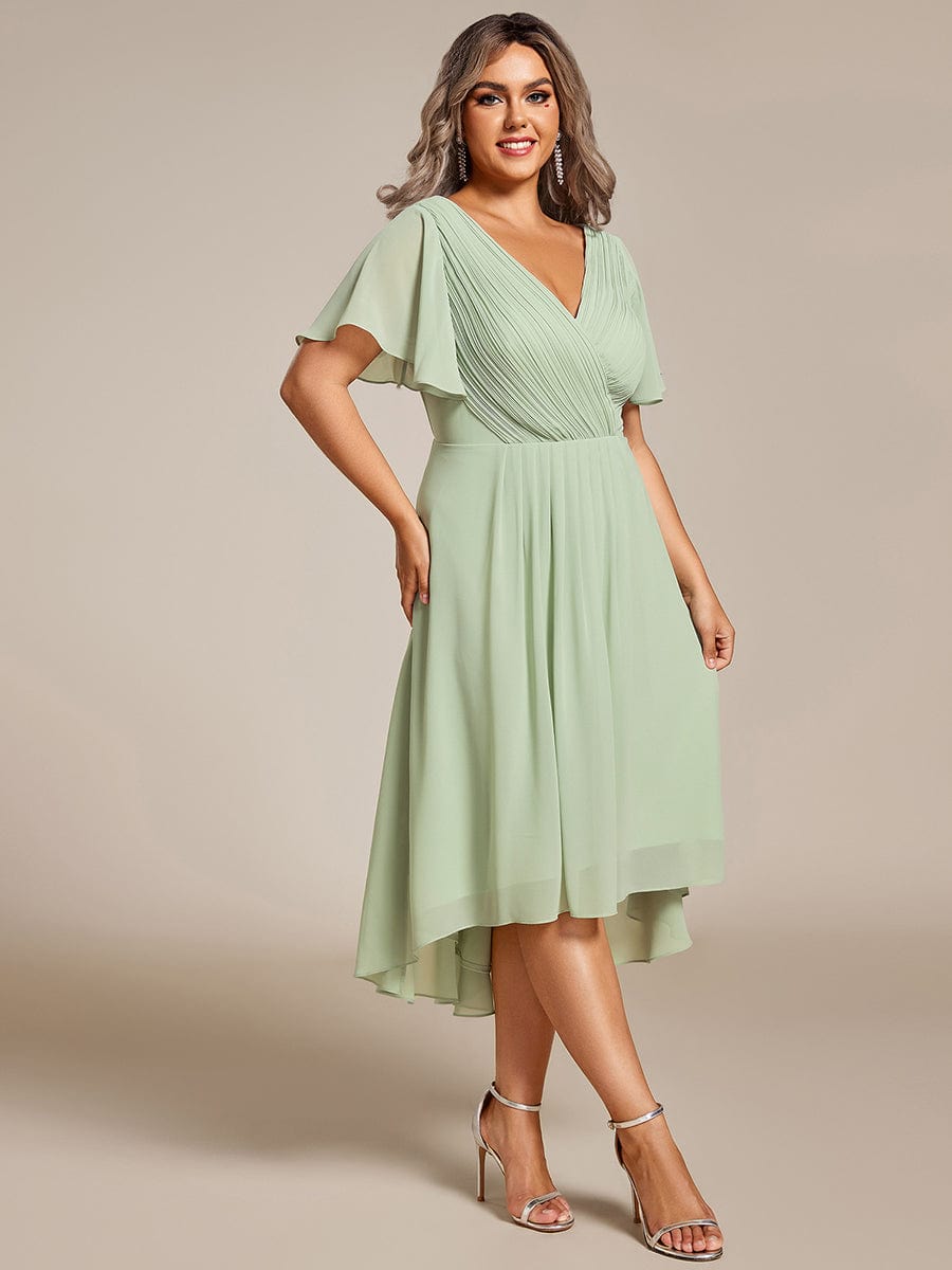 Plus Size Pleated V-Neck Chiffon Midi Dress with Ruffle Sleeves #color_Sage Green