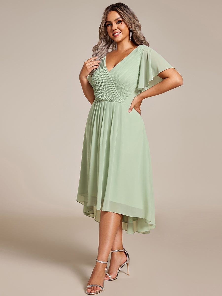 Plus Size Pleated V-Neck Chiffon Midi Dress with Ruffle Sleeves #color_Sage Green