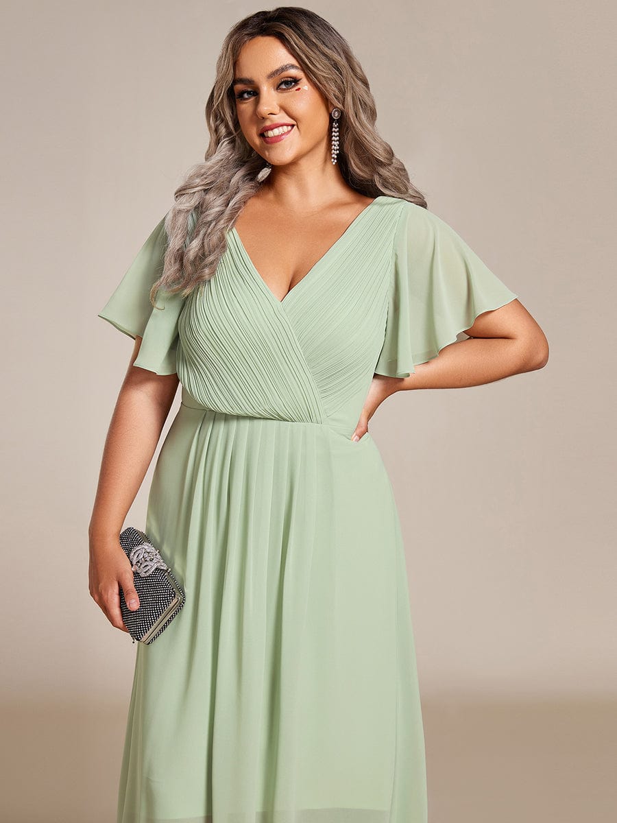 Plus Size Pleated V-Neck Chiffon Midi Dress with Ruffle Sleeves #color_Sage Green